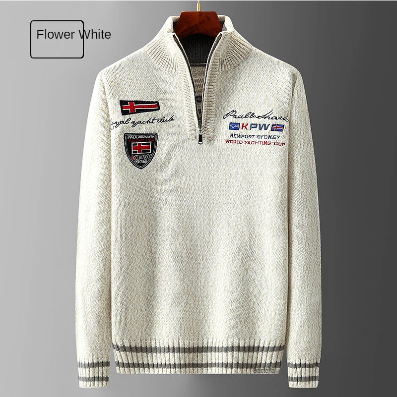 White Sweater Male Knitwear Shark Clothing Cotton Wool Jumpers Pullover Coats Jacquard Christmas Knitted Half Turtleneck Zip