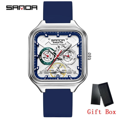 SANDA New Casual Men's Square Watches Fashion Hollow Skeleton Luminous 5ATM Waterproof Multifunction Chronograph Quartz Watch