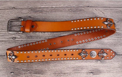 High Quality Metal Rivet Cowboy Belt Top Grain Genuine Leather Cowskin Men Belt Punk Rivet Jeans Belts For Men