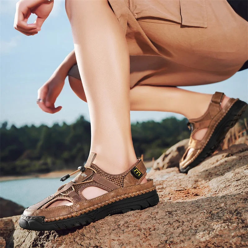 Men's Handmade Simple Letter-Print Sandals, Summer Beach Hollow Sandals, Fashionable Velcro Men's Shoes, Outdoor Hiking and River-Tracing Shoes, Comfortable, Breathable, Wear-Resistant, Non-Slip, Large Size Men's Shoes