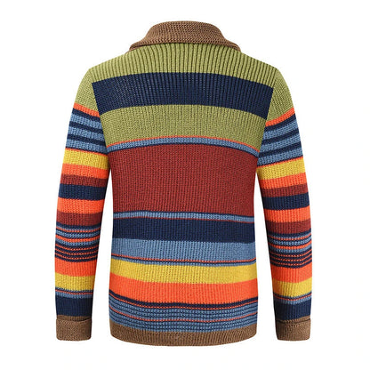 Trendy Mens Knitted Cardigans 2025 Spring Casual Button-up Lapel Sweatercoats Men Vintage Rainbow Striped Sweater Jacket Coats