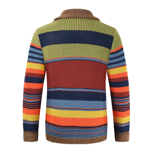 Trendy Mens Knitted Cardigans 2025 Spring Casual Button-up Lapel Sweatercoats Men Vintage Rainbow Striped Sweater Jacket Coats
