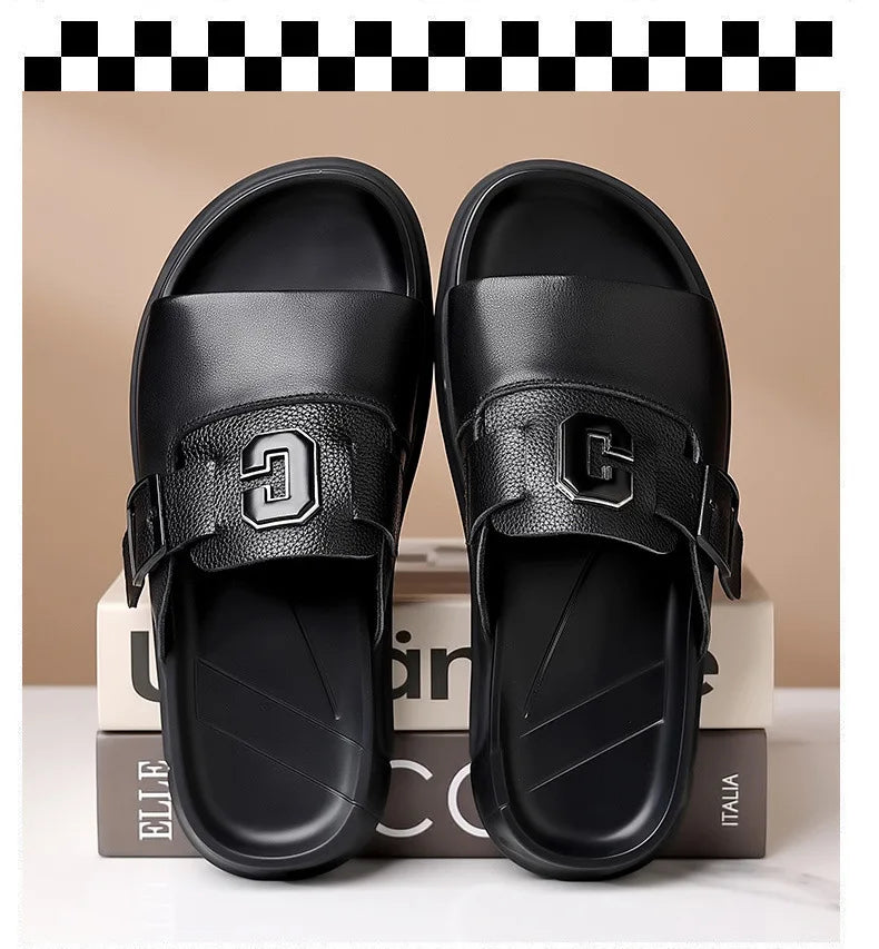 Men Outwear Genuine Leather Slippers for Men Fashion Buckle Designer Summer Flip-flops Male Casual Non-slip Beach Shoes Man