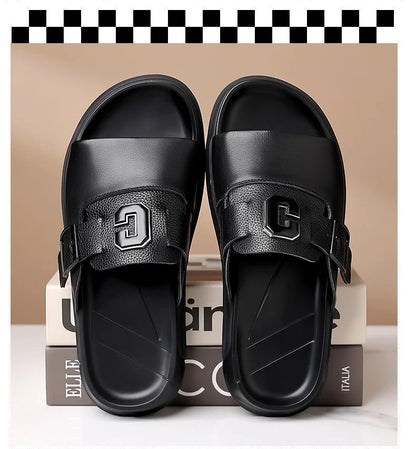 Men Outwear Genuine Leather Slippers for Men Fashion Buckle Designer Summer Flip-flops Male Casual Non-slip Beach Shoes Man