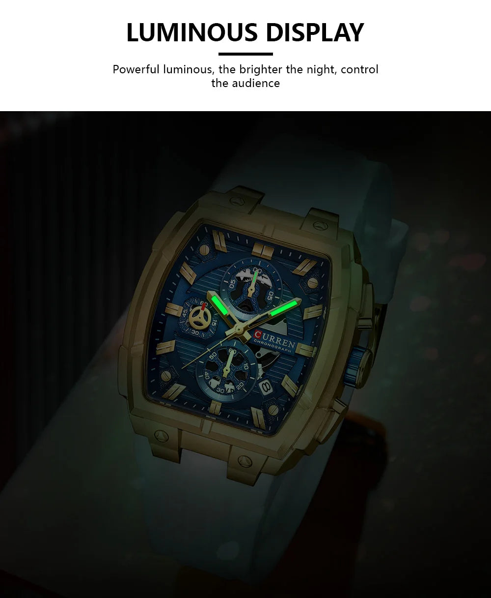 CURREN Luxury Vintage Watch for Men Sports Chronograph Quartz Wristwatches with Silicone Strap,Date,Luminous