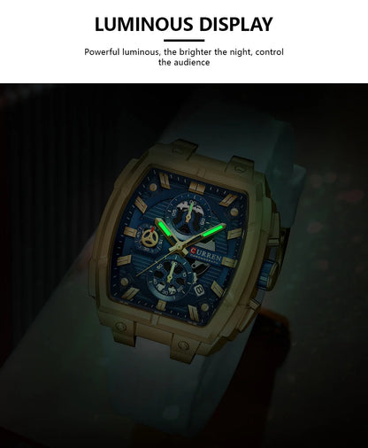 CURREN Luxury Vintage Watch for Men Sports Chronograph Quartz Wristwatches with Silicone Strap,Date,Luminous