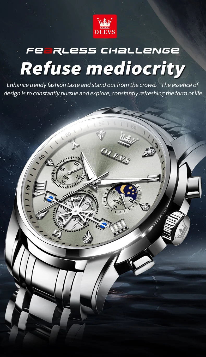OLEVS Men's Watches Classic Multifunctional Flywheel Chronograph Original Quartz Wristwatch Moon Phase 24 Hour Waterproof Reloj