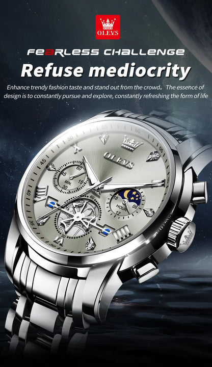 OLEVS Men's Watches Classic Multifunctional Flywheel Chronograph Original Quartz Wristwatch Moon Phase 24 Hour Waterproof Reloj
