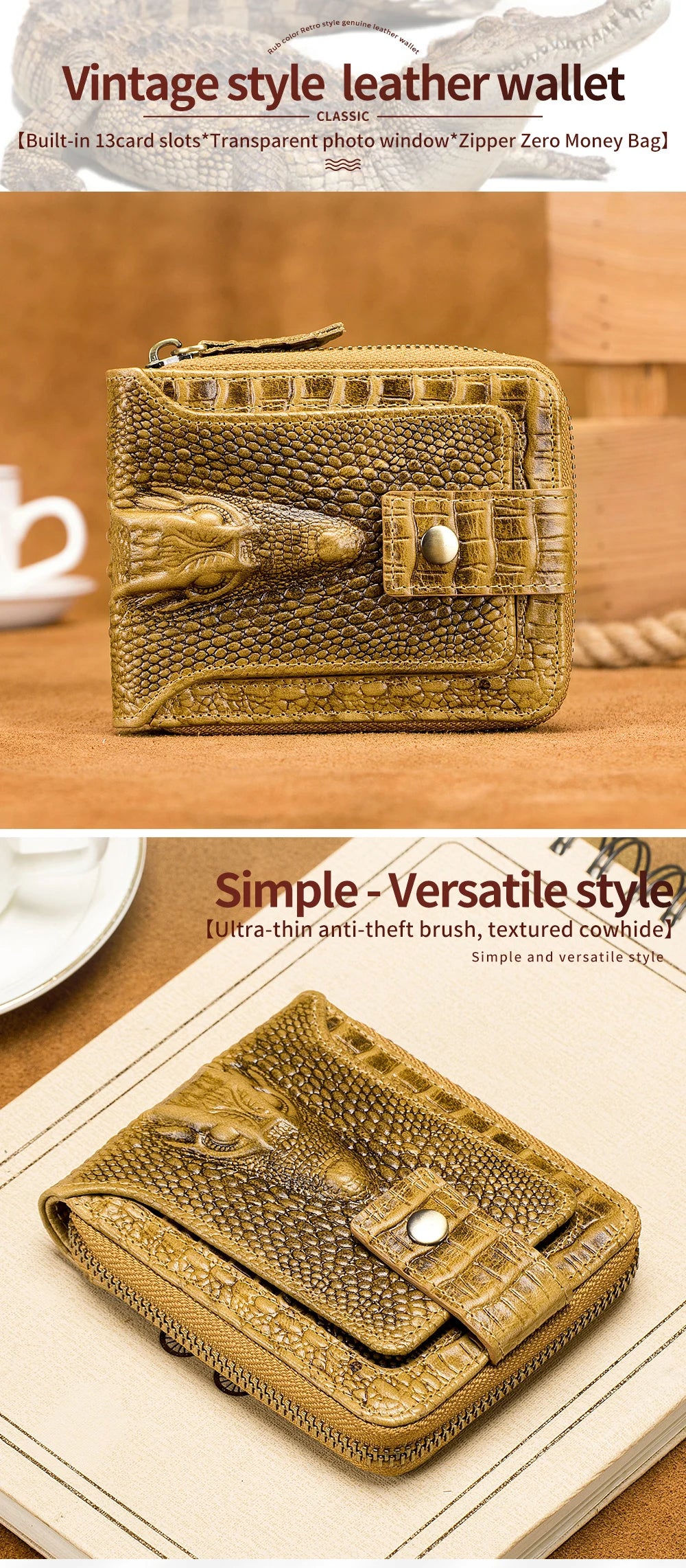 Cowhide Men's Wallet with Crocodile Pattern Genuine Leather Large Capacity Card Slot Zero Wallet