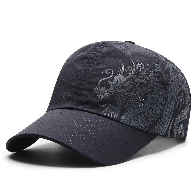 Chinese style printed dragon baseball cap, polyester outdoor quick drying cap,sun protection cap, duckbill cap for men and women