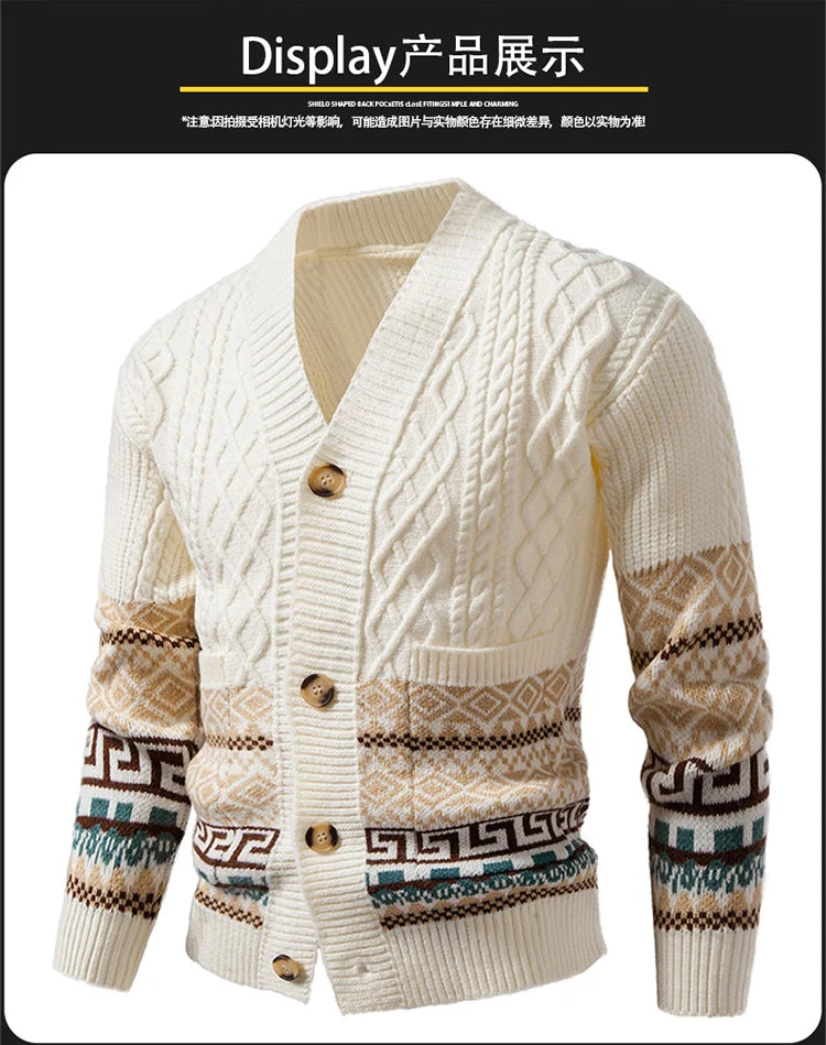 Men's Cable Knit Fair Isle Geometric Striped Cardigan V Neck Button Front Pocket Long Sleeve Sweater Autumn Winter Casual