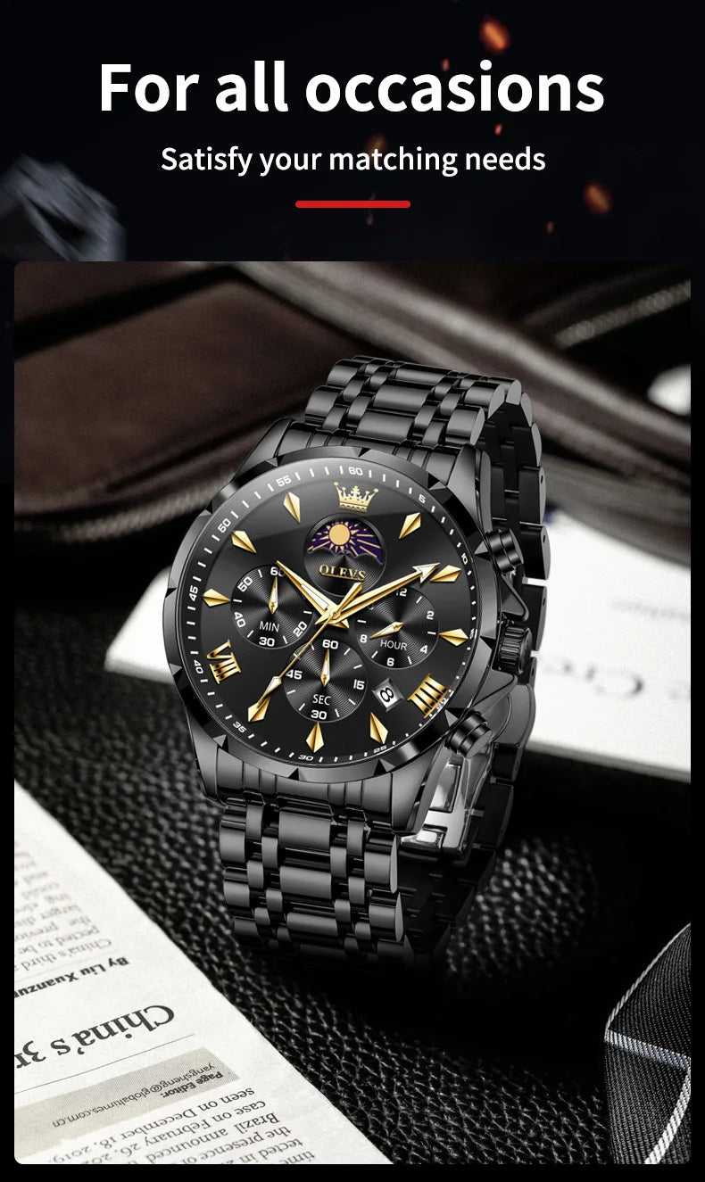 OLEVS 3653 Original Mens Quartz Watch NEW Four Functional Small Dials Chronograph 24-hour Moon Phase Stainless Steel Waterproof Man Wristwatch