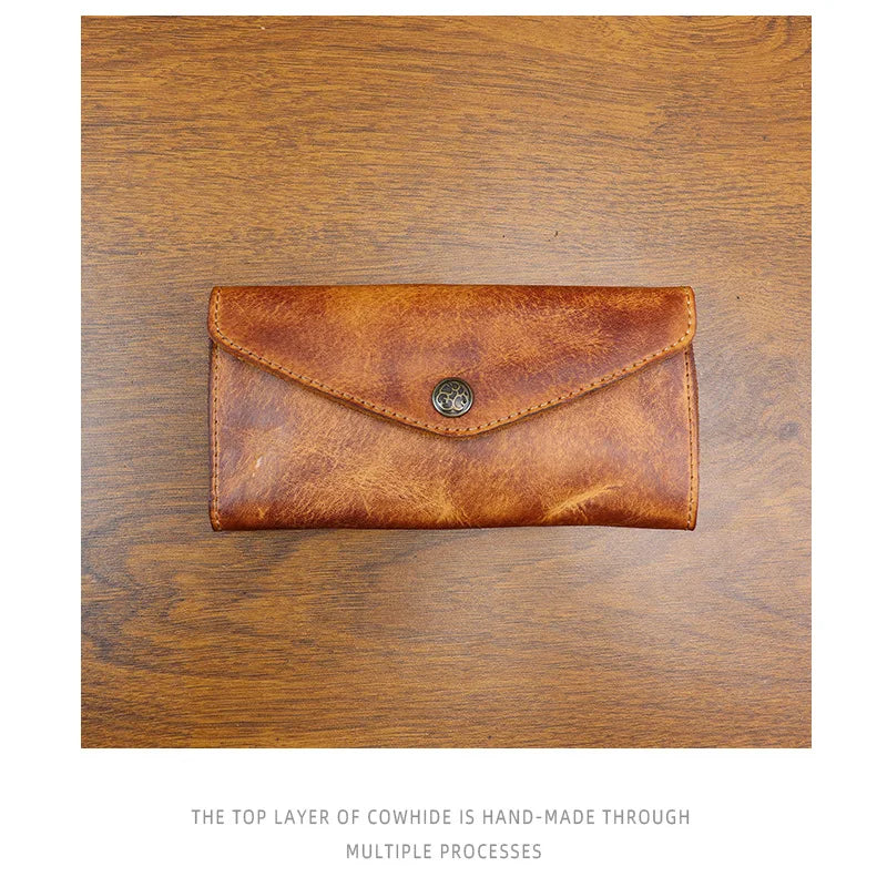 Genuine Leather Retro Men Handmade Wallet Handbag High Quality Phone Pocket Simple Card Bag Big Capacity Male Purses
