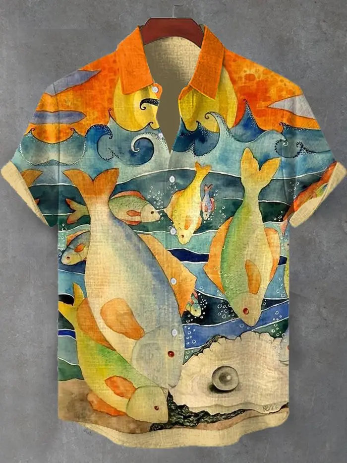 Summer Men's Casual Sea Life Graphic Short Sleeved Shirt Button Down Lapel Shirts Oversized Tops Casual Hawaiian Shirt for Men