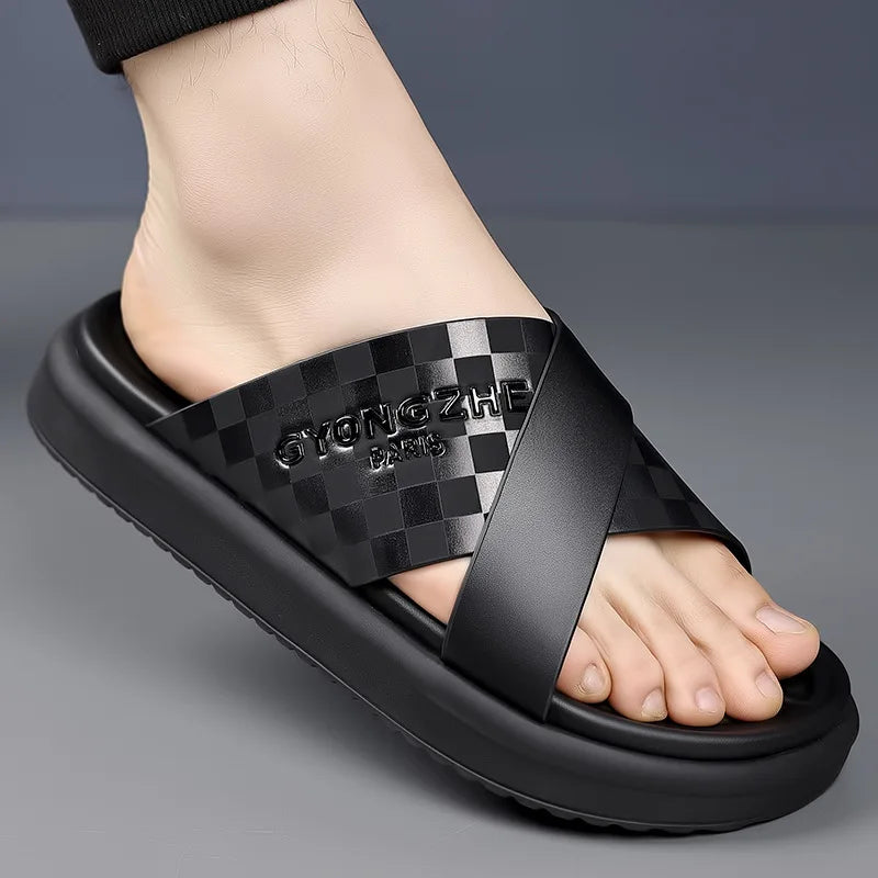 Summer New Fashion Outside Wear Slippers for Men Business Casual Black Leisure Genuine Leather Beach Shoes Slippers Man