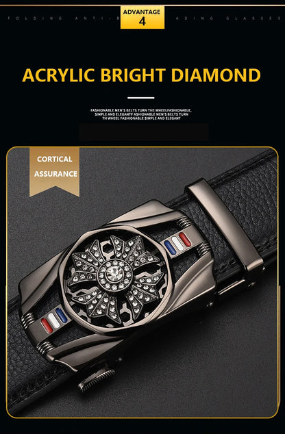 Mens Belt Material Metal Rotatable Buckle  Leather Belt High Quality Men Business Belt Golden Waist Buckle Rhinestone De