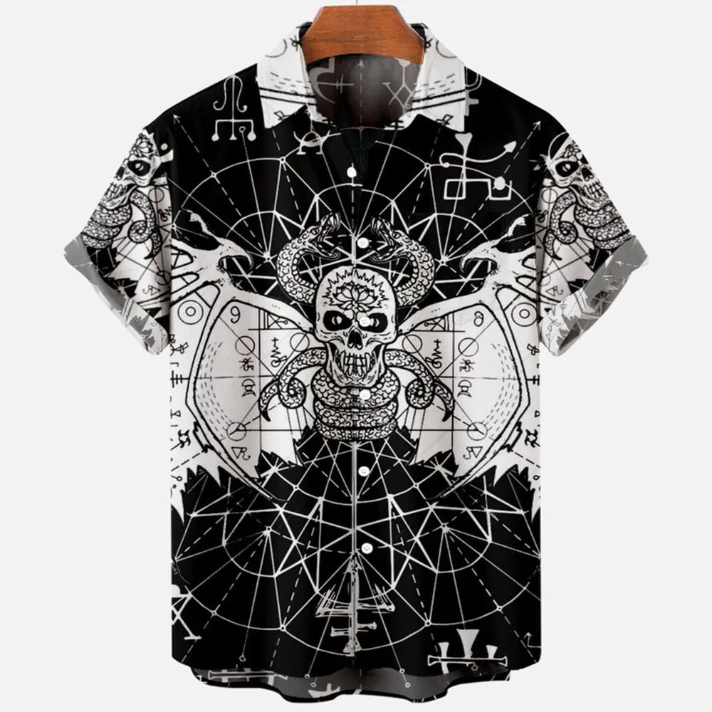 Summer New Retro Men's Shirt Devil Horror Skull Short Sleeve Shirt Collar 3D Printing