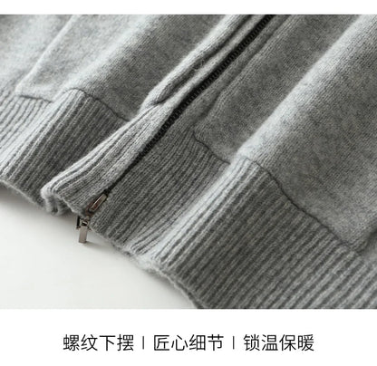 Autumn And Winter Men's 100% Pure Wool Cardigan Warm Zipper Hooded Casual Knitted Cashmere Coat