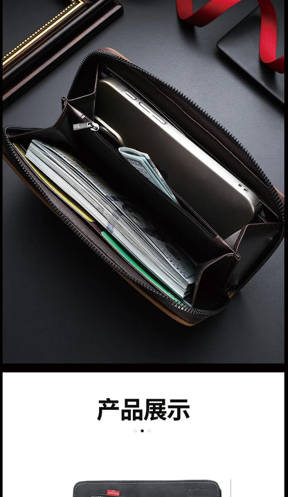 New men's wallet made of crazy horse leather with retro style from Europe and America PU zipper bag fashionable short card bag a