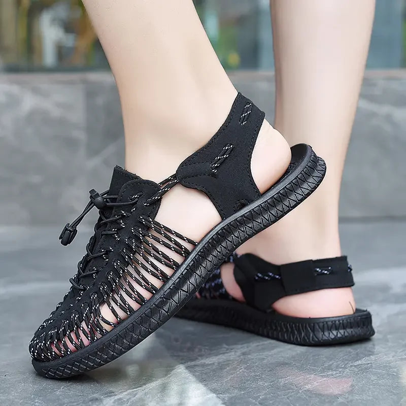 Summer Men Sandals Women Slippers Weaving Design Beach Sandals Breathable Casual Flat Sandals Outdoor Couples Sandals Size 48