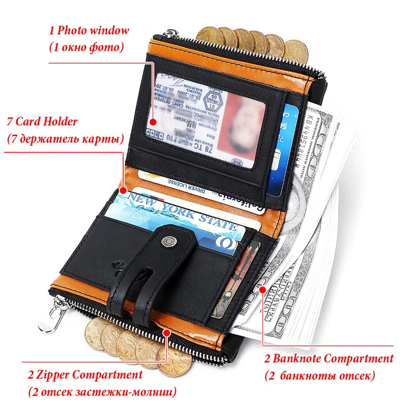 HUMERPAUL Genuine Leather Men's Wallet Fashion Quality Travel Purse Rfid Protect Credit Card Holder Wollst for Men with Chain