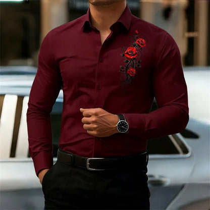 Men's long-sleeved shirt, featuring a vintage red rose print design.  A stylish business casual shirt and fashionable men's top.