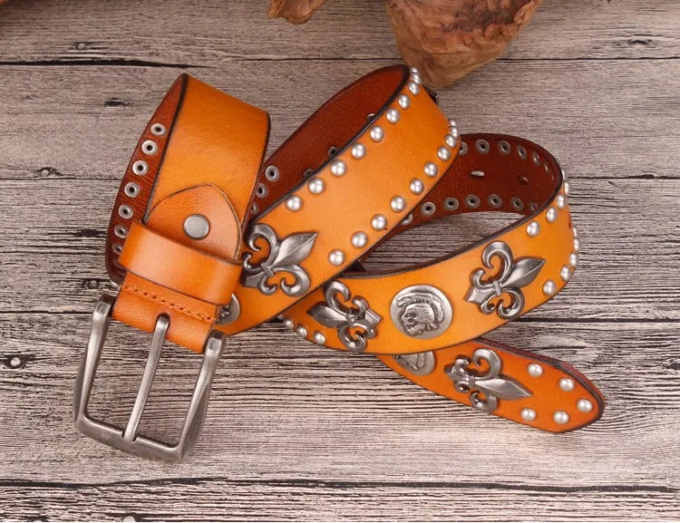 High Quality Metal Rivet Cowboy Belt Top Grain Genuine Leather Cowskin Men Belt Punk Rivet Jeans Belts For Men