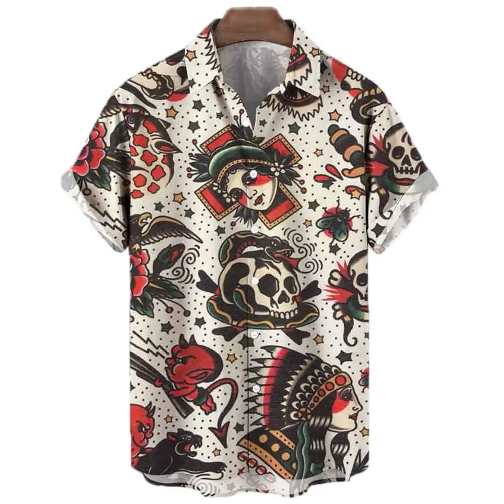 Men's Shirt Sailing Skull Print Shirts Hawaiian Fashion Casual Rock Print Plus Size Tops 2023 New Beach Men's Clothing Shirt
