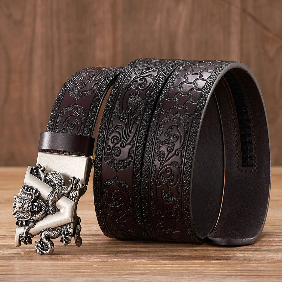 3.5cm Fashion Embossing Retro Male Belts for Men Business Split Leather Belt Dragon Pattern Automatic Buckle Strap