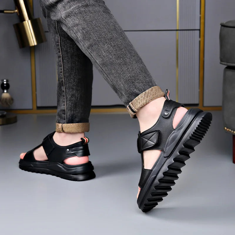 Cow Leather Men's Sandals 2026 Summer New Designer Soft Sole Fashion Casual Beach Shoes Male Black Platform Sandals Man