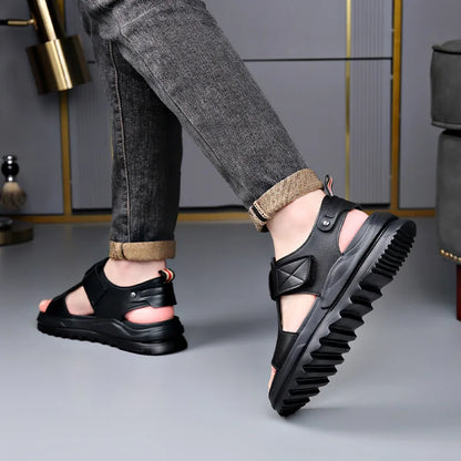 Cow Leather Men's Sandals 2026 Summer New Designer Soft Sole Fashion Casual Beach Shoes Male Black Platform Sandals Man