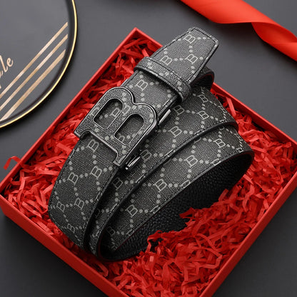 Classic B Print Leather Belt for Men - Adjustable Ratchet Buckle Dress Belt for Suits & Trousers