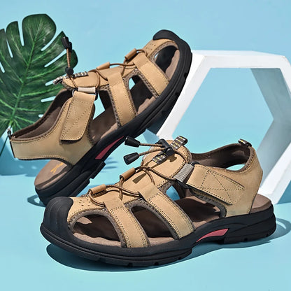 Genuine Leather Mens Water Beach Sandals Summer Closed Toe Sandals Non-slip Hiking Wading Sneakers Quick Dry Wading Aqua Shoes