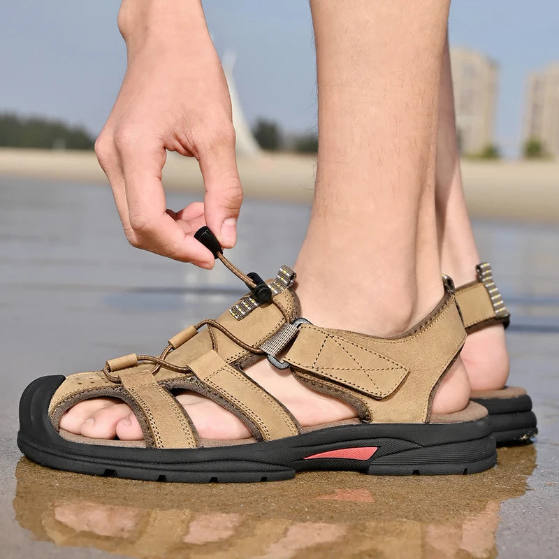 Genuine Leather Mens Water Beach Sandals Summer Closed Toe Sandals Non-slip Hiking Wading Sneakers Quick Dry Wading Aqua Shoes
