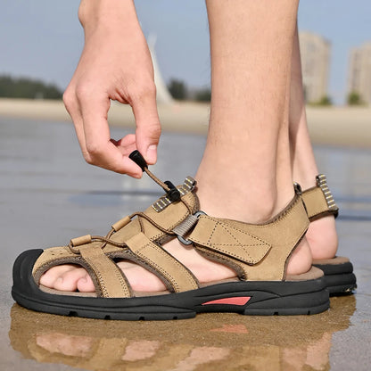 Genuine Leather Mens Water Beach Sandals Summer Closed Toe Sandals Non-slip Hiking Wading Sneakers Quick Dry Wading Aqua Shoes