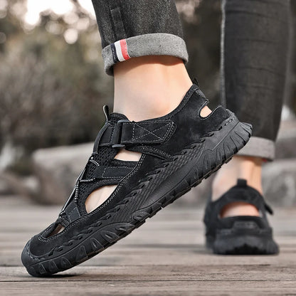 Men Outdoor Protective Toe Sandals Hollow Breathable Mesh Upper Quick Dry Lining Non Slip Walking Camping Driving Casual Shoes