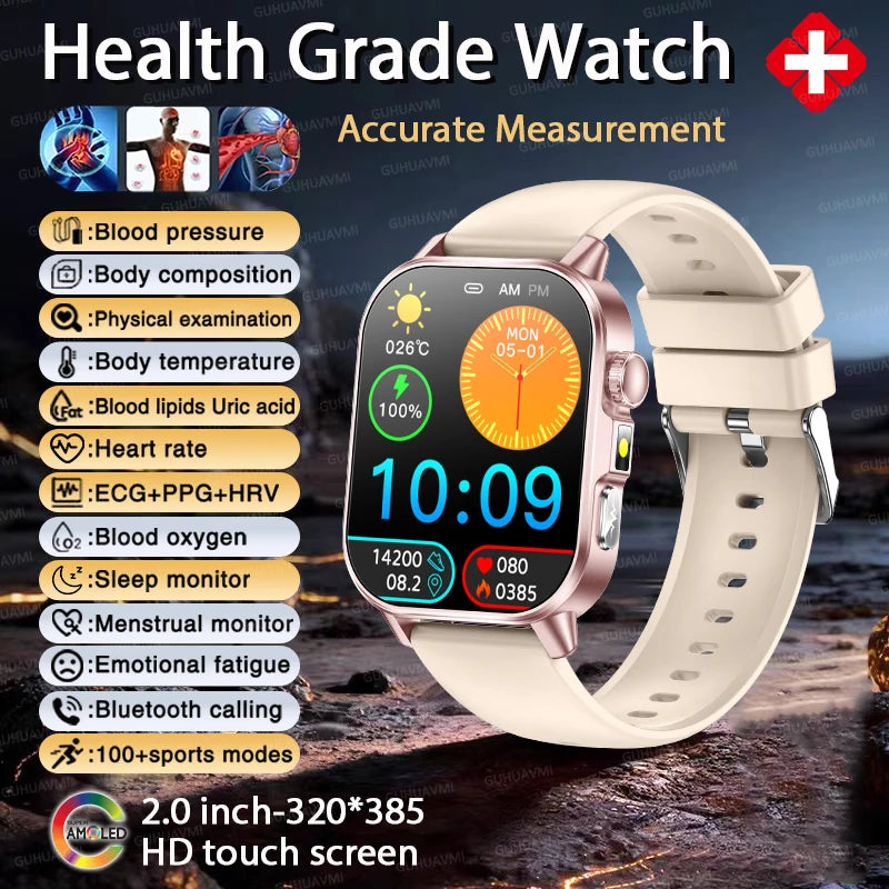 2026 Top Nursing Grade ECG+PPG Smart Watch Men Accurate Blood Pressure Lipids Uric Acid 2.0-inch AMOLED Screen HD Call Watch Men
