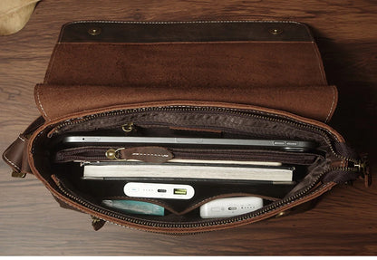 NUKA Men's Genuine Leather Shoulder Bag Retro Original Cowhide Horizontal Crossbody Deluxe Flap Messenger Bags For 11 Inch Ipad