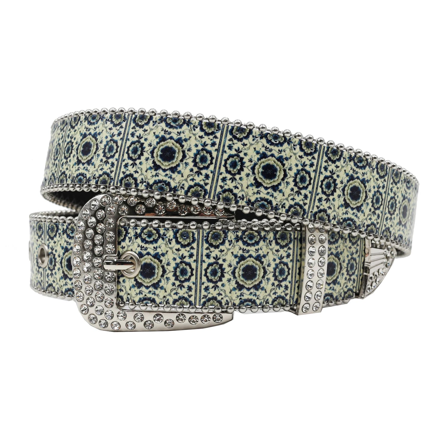 Rhinestone belt B&B style blue print pattern Women's Jeans Rhinestone Belt Men's Belt Western Denim Leather HipHop Rock