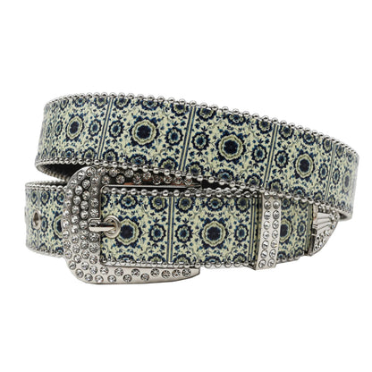 Rhinestone belt B&B style blue print pattern Women's Jeans Rhinestone Belt Men's Belt Western Denim Leather HipHop Rock