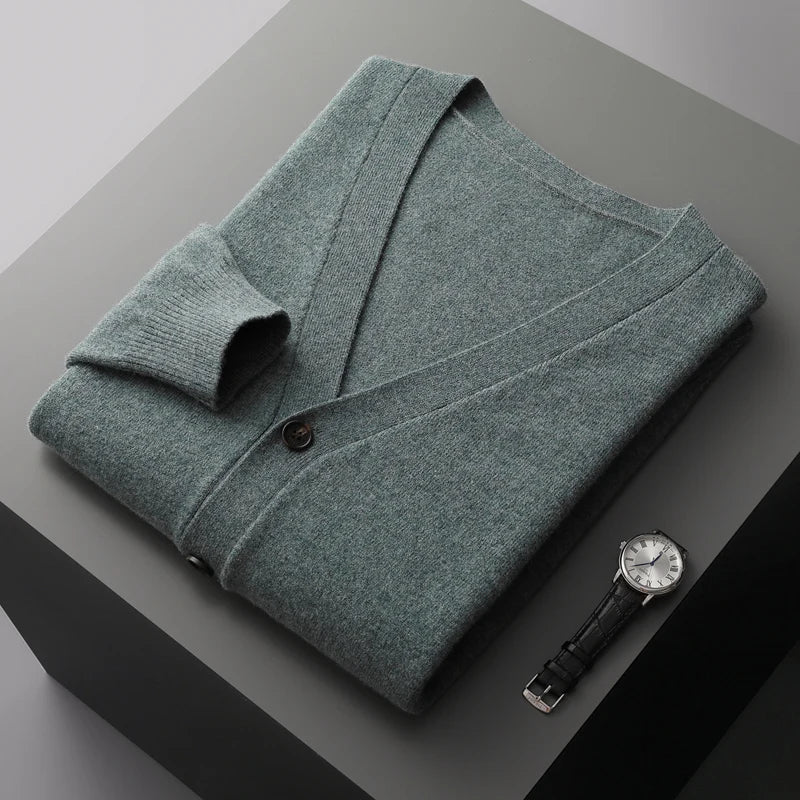 100% Pure Wool Sweater Autumn Winter New Men's Cardigan V-Neck Buckle Jacket Loose Casual Cashmere Knitted Sweater Long Sleeveds