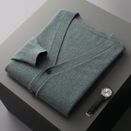 100% Pure Wool Sweater Autumn Winter New Men's Cardigan V-Neck Buckle Jacket Loose Casual Cashmere Knitted Sweater Long Sleeveds