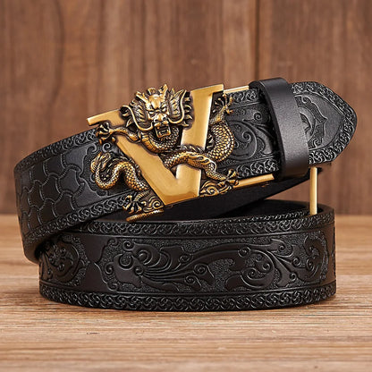 3.5cm Fashion Embossing Retro Male Belts for Men Business Split Leather Belt Dragon Pattern Automatic Buckle Strap