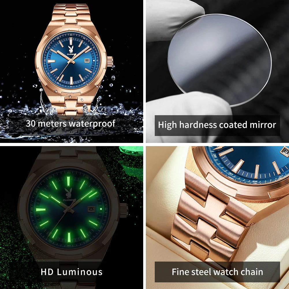 PLAYBOY 3112 Brand original authentic stainless steel strap luminous function calendar display men's quartz watch