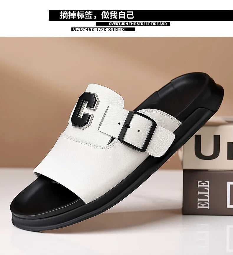 Men Outwear Genuine Leather Slippers for Men Fashion Buckle Designer Summer Flip-flops Male Casual Non-slip Beach Shoes Man