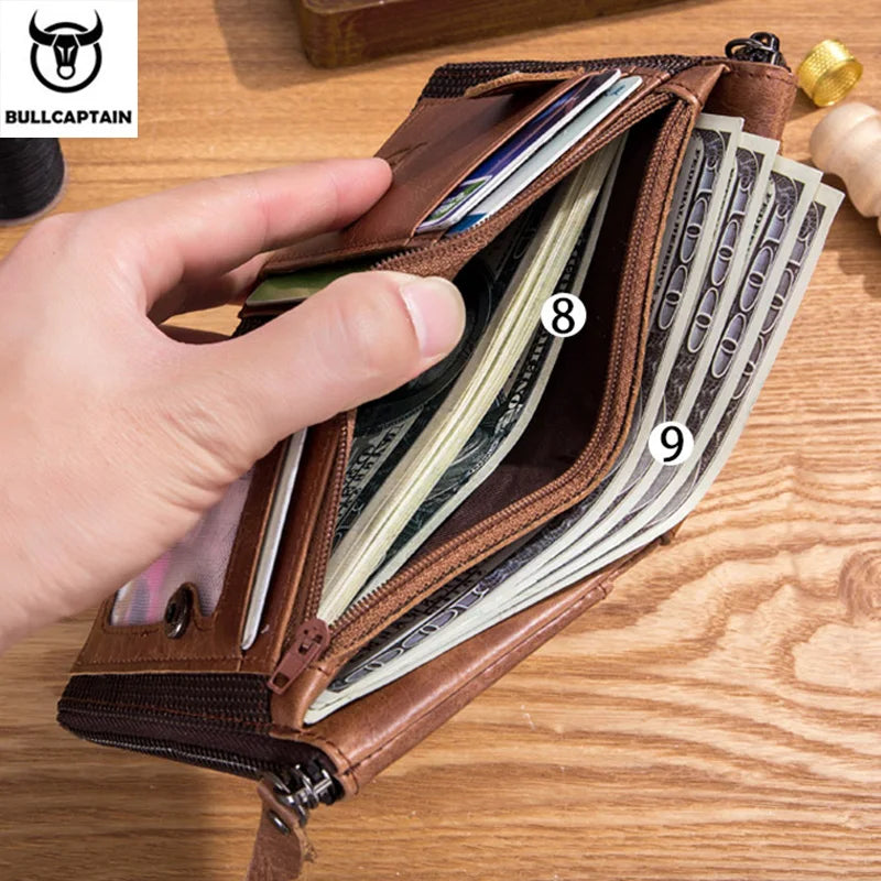 BULLCAPTAIN retro leather men's wallet leather zipper buckle short money wallet card holder coin purse RFID wallet QB06