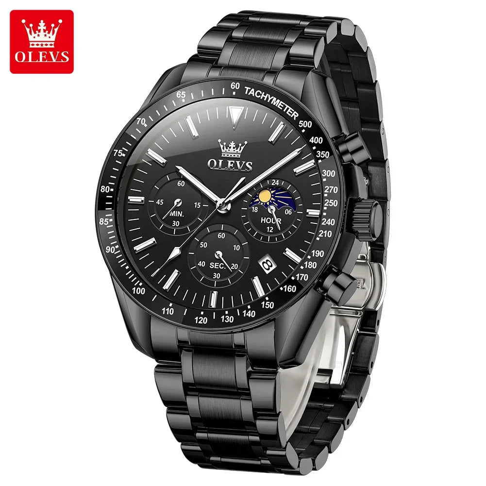 OLEVS 3618 Waterproof Luminous Date Moon Chronograph Wristwatches Mens Luxury Stainless Steel Quartz Watch for Men Reloj Hombre