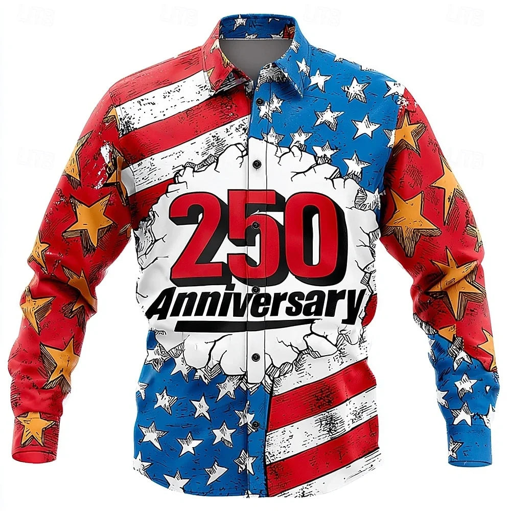 Men's Shirt Us Flag Freedom 250th Anniversary Trendy Retro 3D Print Top Autumn Long Sleeved Button up Spring Fall Holiday Shirts