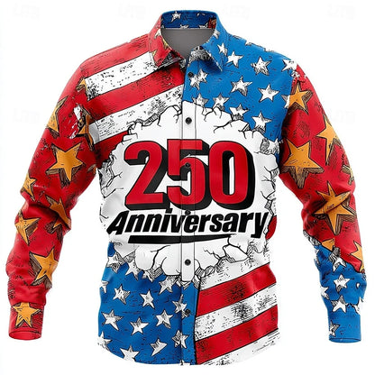 Men's Shirt Us Flag Freedom 250th Anniversary Trendy Retro 3D Print Top Autumn Long Sleeved Button up Spring Fall Holiday Shirts