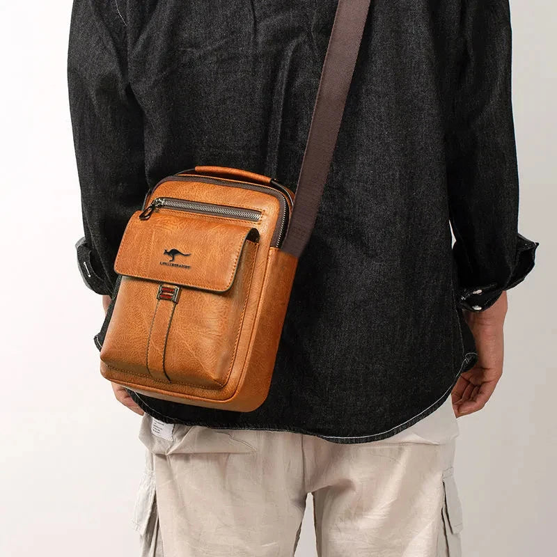 Men Multifunctional Leather Shoulder Bag Multi Pocket Crossbody Messenger Bag Business Travel Handbag with Top Handle Black